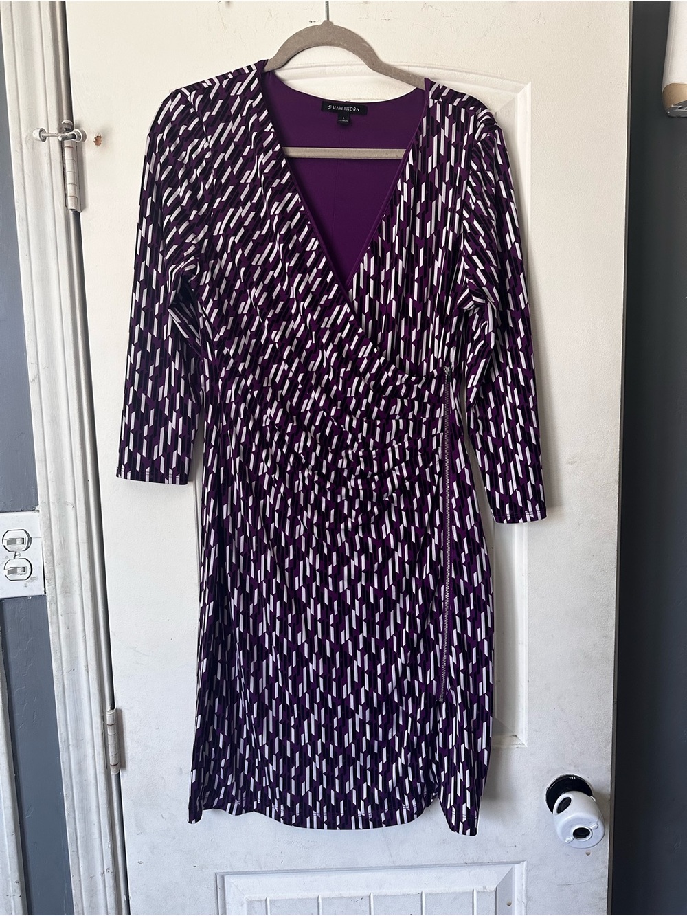 41 Hawthorn Purple Geometric Faux Wrap Cocktail Dress Ruched Size Large